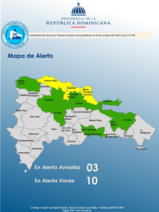 COE pone en alerta a 12 provincias y al Distrito Nacional