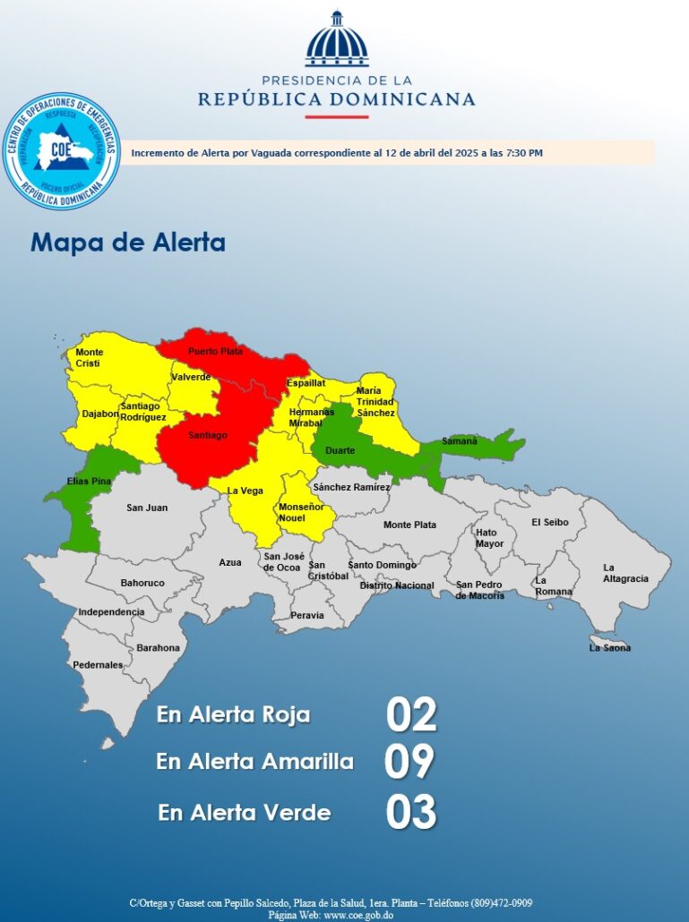 COE coloca 14 provincias en alerta por lluvias; Santiago y Puerto Plata en rojo